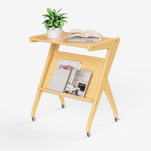 Auroral Zone Solid Wood 2-Tier Rolling Side Table with Lockable casters, Mobile Small End Table with Magazine Rack for Living Room, Bedroom & Sofa
