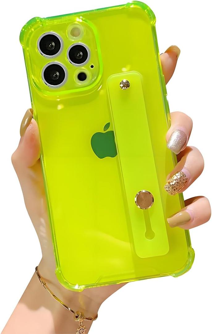 siduater Strap Case for 6.1" iPhone 14 Pro with Wristband Kickstand, Clear Soft TPU Protective Shockproof Bumper Rugged Cover, Adjustable Hand Grip Loop for iPhone 14 Pro 6.1 Inch, Neon Green