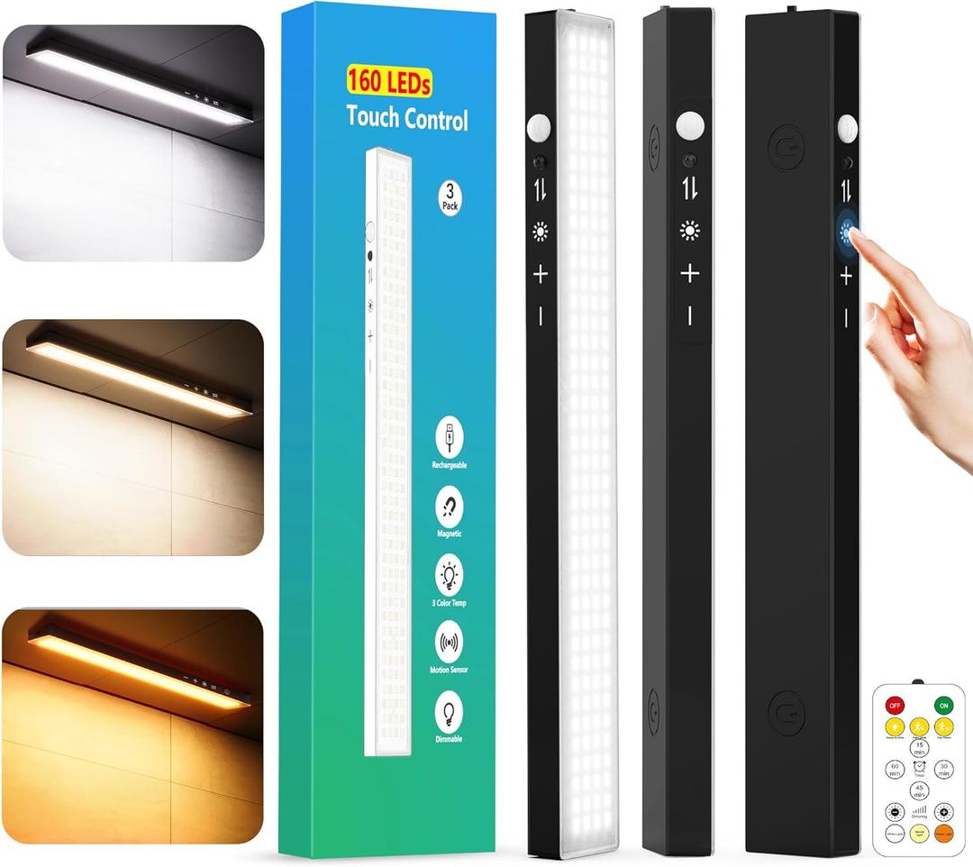160LEDs Touch-Control Under Cabinet Lighting w/4000mAh Battery, Cordless Motion Sensor Under Counter Lights for Kitchen, Magnetic Rechargeable Closet Lights - 3Pack/Black, 2025 Fall
