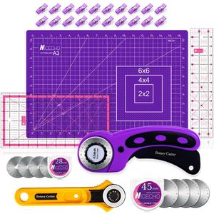 Rotary Cutter Set,Nicecho Sewing Quilting Supplies,45mm & 28 mm Fabric Cutters,8 Rotary Cutter Blades,A3 Cutting Mat for Sewing,6x12 & 2.5x12 In Quilting Rulers,Ideal Quilt kits for Lovers & Beginners