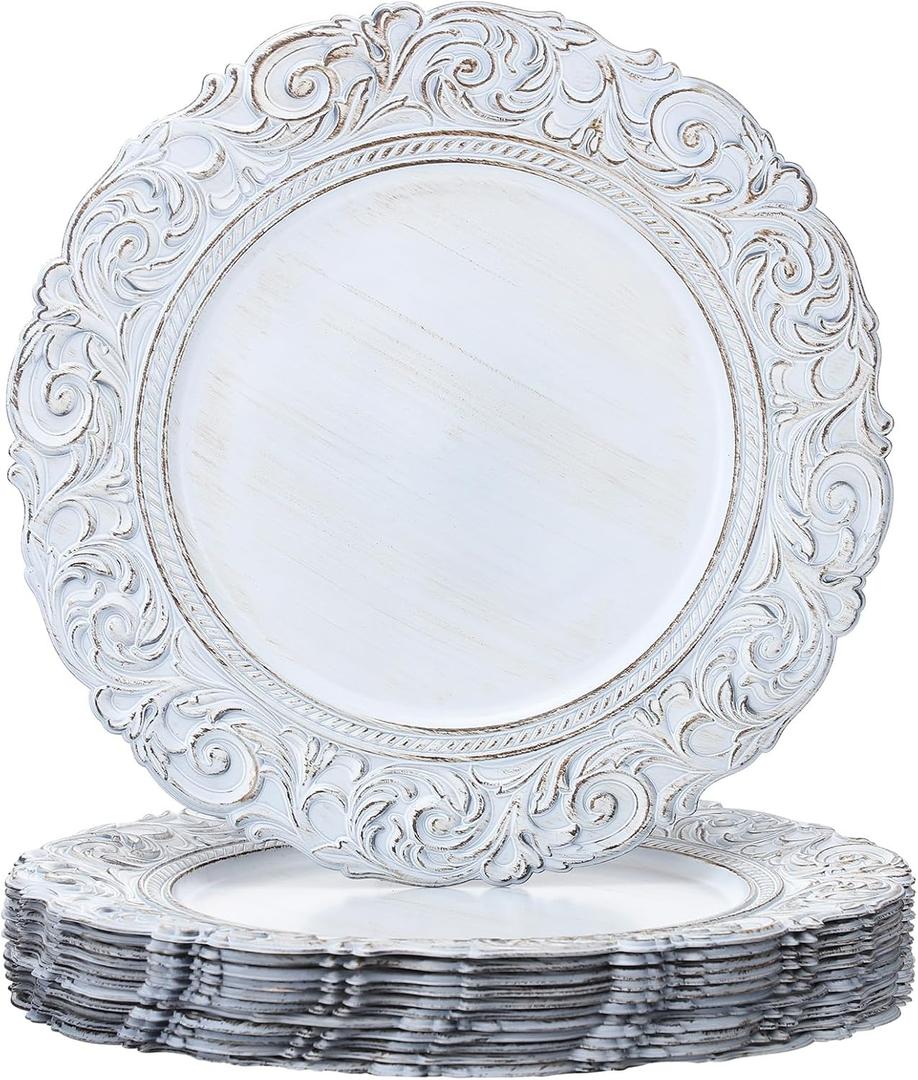 12 Pcs Plastic Charger Plates 13" Round Antique White Gold with Engraved Baroque Rim Vintage Disposable Decorative Chargers for Wedding Party Events