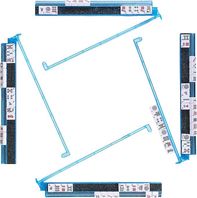 Mahjong Racks with Pushers, Anti-Slip Design, Clear All-in-One Mahjong Racks and Pushers - Modern American Mahjong Tile Racks Set of 4 (Bling Blue)