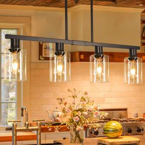 4-Light Kitchen Island Lighting, Black Simplicity Bar Island Lights for Kitchen, Farmhouse Chandelier with Adjustable Height & Clear Glass Shades, Linear Hanging Dining Room Light Fixture Over Table (31in)