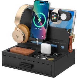 Sephyroth Bamboo Phone Docking Station Nightstand Organizer Bedside Organizer Cell Phone Stand Gifts for Men, Dad Gifts for Boyfriend Gift for Husband with Drawer Storage (Black)