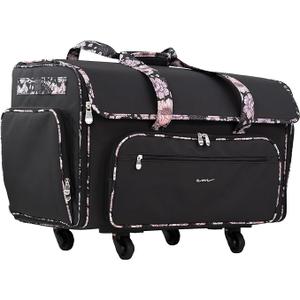 Everything Mary XXL Rolling Sewing Machine Case – Black & Floral Trim Wheeled Craft Bag – Spacious Organizer with 4 Wheels & Multiple Pockets for Sewing Supplies
