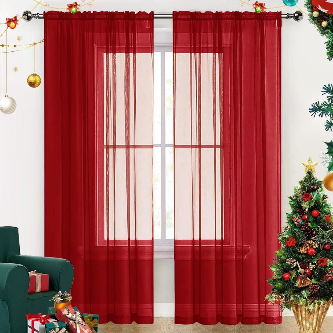 SpaceDresser Sheer Voile Window Treatment Rod Pocket Curtain Panels for Kitchen Bedroom Living Room Drapes Sunlight Filtering Privacy Semi Home Decor Assorted Colors Sizes (Christmas Red, 52 W x 63 L)