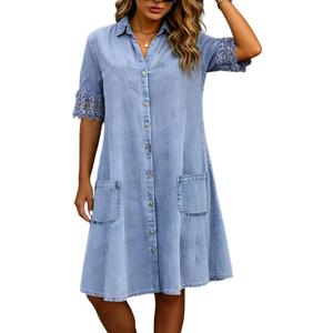 Denim Dress for Women 2026 Summer Casual Lace Trim Half Sleeve Blue Jean Dresses Button Down Shirt Dress Western Outfits