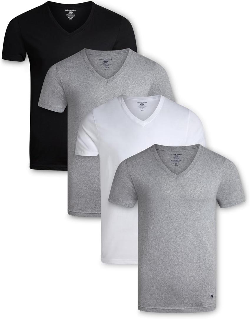 Lucky Brand Mens Undershirts - 4 Pack 100% Cotton Crewneck & V Neck Undershirts for Men - Basic Underlayer T-Shirts for Men (X-Large)