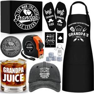 14 Pcs Grandpa Gifts, Best Granddad Ever Gift with 11 Oz Grandpa Juice Whiskey Glass 4 Whiskey Stones Coaster Apron Hat Sock Tape Measure Keychain, Birthday Father's Day Christmas Gift for Grandfather