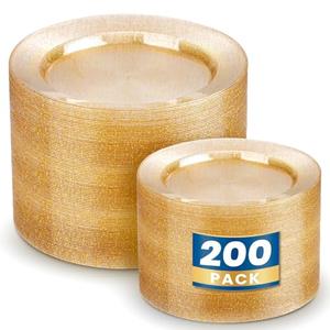 WDF 200PCS Gold Plastic Plates - Gold Glitter Plastic Plates - Heavy Duty Gold Glitter Disposable Plates - Include 100 Dinner Plates 10" and 100 Dessert Plate 7" for Wedding Spring Birthday