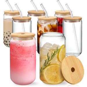 NETANY [ 8pcs Set ] Drinking Glasses with Bamboo Lids and Glass Straw - 16oz Glass Cups, Beer Glasses, Iced Coffee Glasses, Cute Tea Cup, Ideal for Cocktail, Whiskey, Gift - 2 Cleaning Brushes