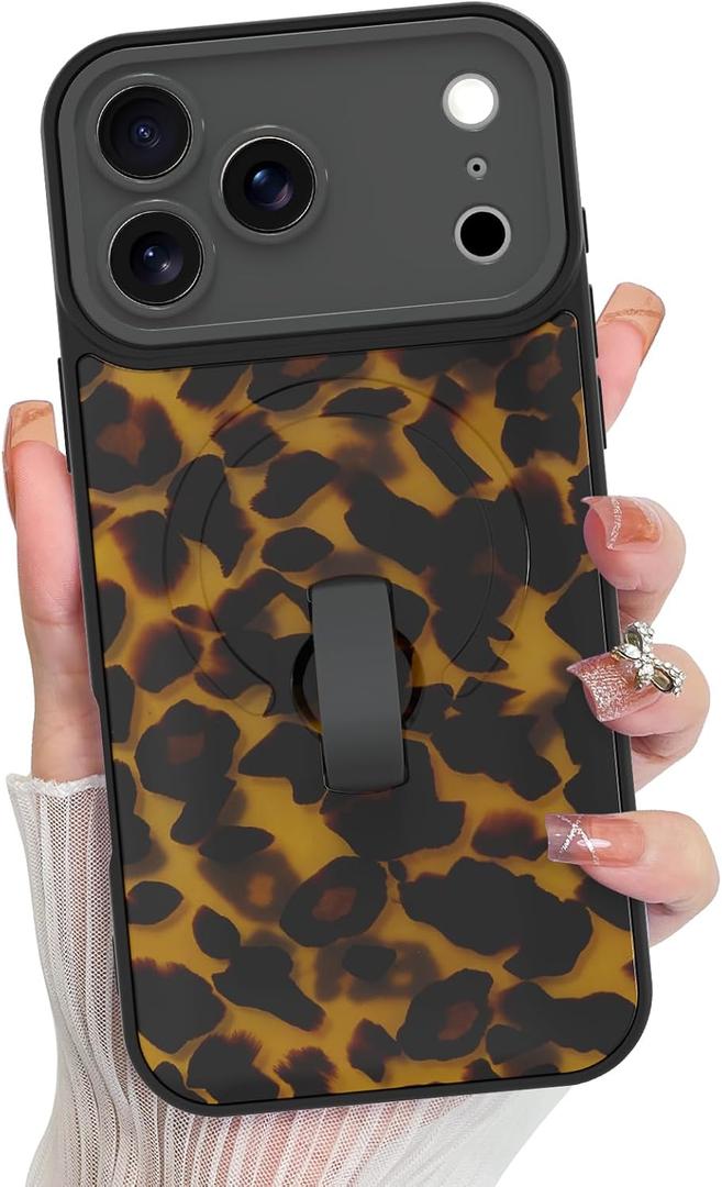 KANGHAR Compatible with iPhone 17 Pro Max Case Cheetah Leopard -Black | Support for MagSafe Cute Print Pattern Wristband Kickstand Shockproof Soft Bumper Protective Cover for Girls Women