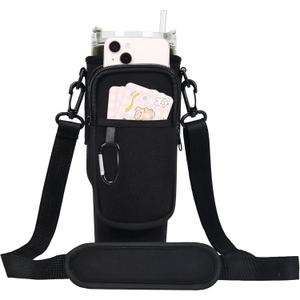 Water Bottle Holder with Strap for Stanley 40 oz Tumbler, Initial W Water Bottle Carrier Sling Bag with Pouch Phone Pocket Handle Crossbody Water Bottle Holder Case Sleeve for Walking Camping Gym, Black