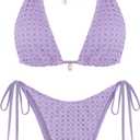ZAFUL Women's Triangle Bikini Multiway Fishnet Tie Side Bandeau Halter String Bikini Set Two Piece Swimsuit Bathing Suits (1-light Purple) S