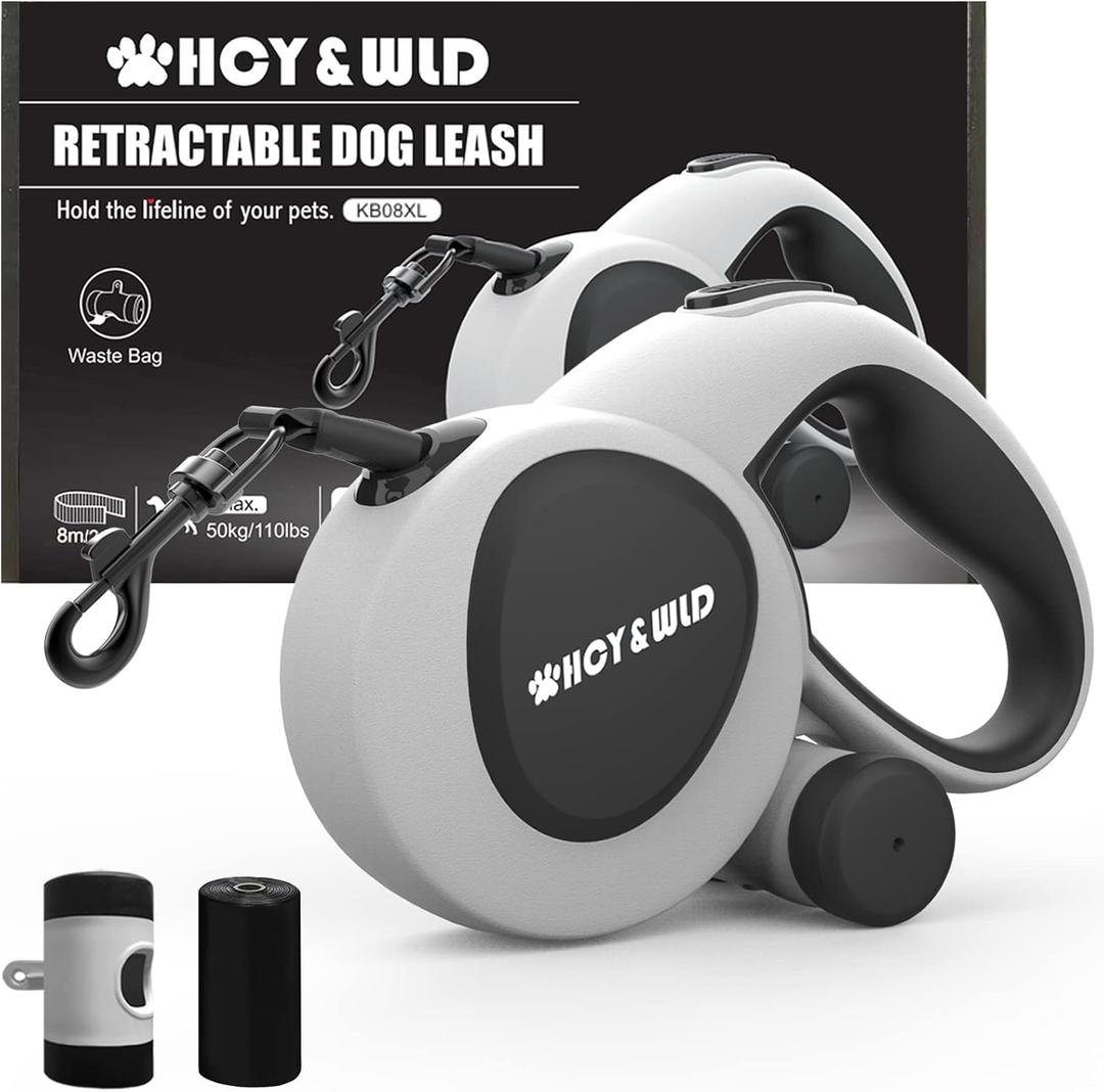 HCY&WLD Upgrade 3-in-1 Retractable Dog Leash with Integrated Dispenser & Poop Bags, 26 ft Heavy Duty Dog Leash with Anti-Slip Handle for Dogs up to 110 lbs, 360 Tangle-Free, One Button Brake & Lock