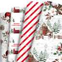 Vnaaem White Christmas Wrapping Paper Red Stripe Snowy Scene House Holiday Style Gift Wrap Paper Bulk for Winter Xmas Birthday Party - 20 X 28 Inches 8 Folded Sheets
