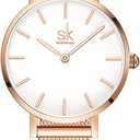 SHENGKE SK Ultra Thin Minialist Women Watches Simple Two Hands Ladies Dress Watch Leather Strap (Rosegold-Mesh)