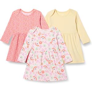 Amazon Essentials Toddlers and Baby Girls' Cotton Long-Sleeve Dress, Pack of 3 (2T, Pale Yellow/Floral)