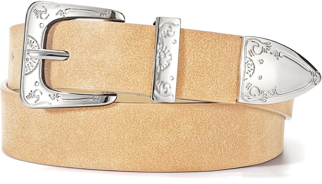 XZQTIVE Women Western Belt For Cowgirl Cowboy Suede Belt For Pants Jeans Vintage Leather Belts With Silver Carved Buckle (M: Fit waist 31-36 inches, Beige)