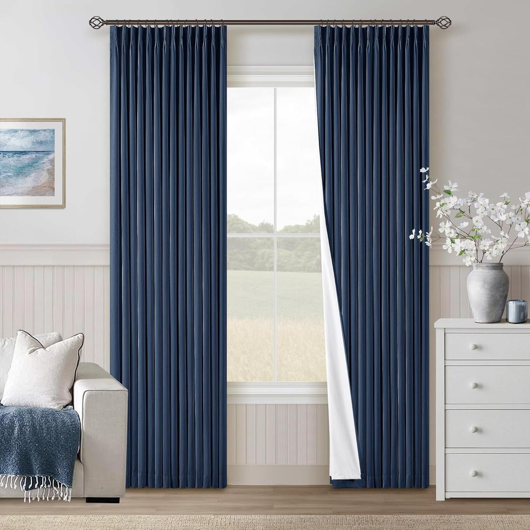 Navy Blue Pinch Pleated Full Blackout Curtains Linen Blend Room Darkening Window Curtains 80 Inch for Living Room Bedroom Thermal Insulated Back Tab Pinch Pleat Drapes with Hooks Rings 2 Panels