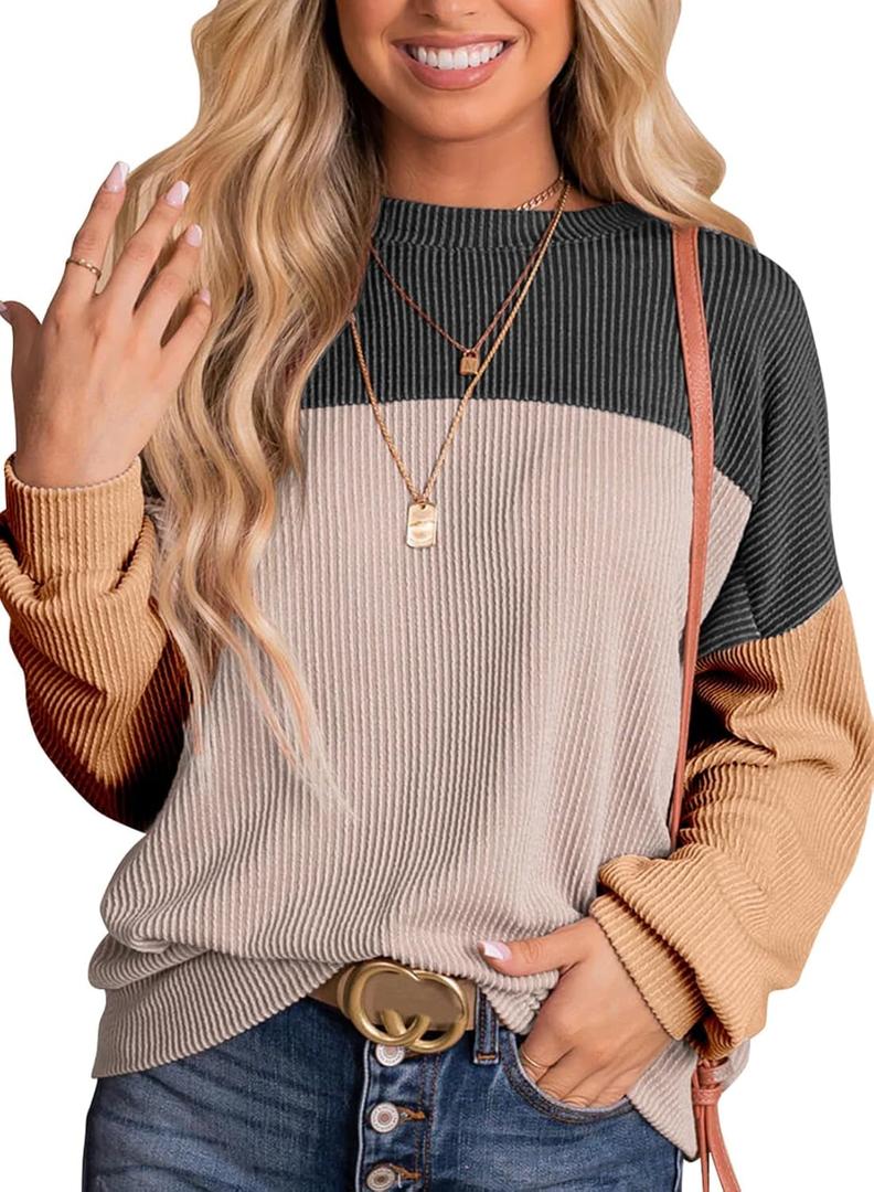 Ivicoer Womens Color Block Pullover Shirts Ribbed Long Sleeve Tops Fall Casual Loose Sweatshirts Fashion (XL)