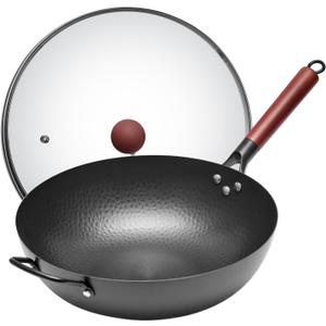 WANGYUANJI Iron Wok,13.4" Chinese Craft Wok with Lid Flat Bottom Stir Fry Pan,Chemical-free Wok Pan for All Stoves,Wrought Iron Wok Pure Iron Cookware