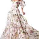 NeeMee Floral Dress Half Sleeve Drawstring Puffy A-Line French Beach Wedding Graduation Party Gown (Pink, L)