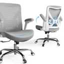 Ergonomic Office Chair-Computer PU Leather X-Shaped Desk Chair-Gaming Chair with Adjustable Flip-up Armrests Lumbar Support Mesh Executive Chair for Long Hours Office (White-Grey)