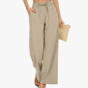 Women Flowy Pants Drawstring Waist Wide Leg Palazzo Beach Pants Loose Fit with Pockets S