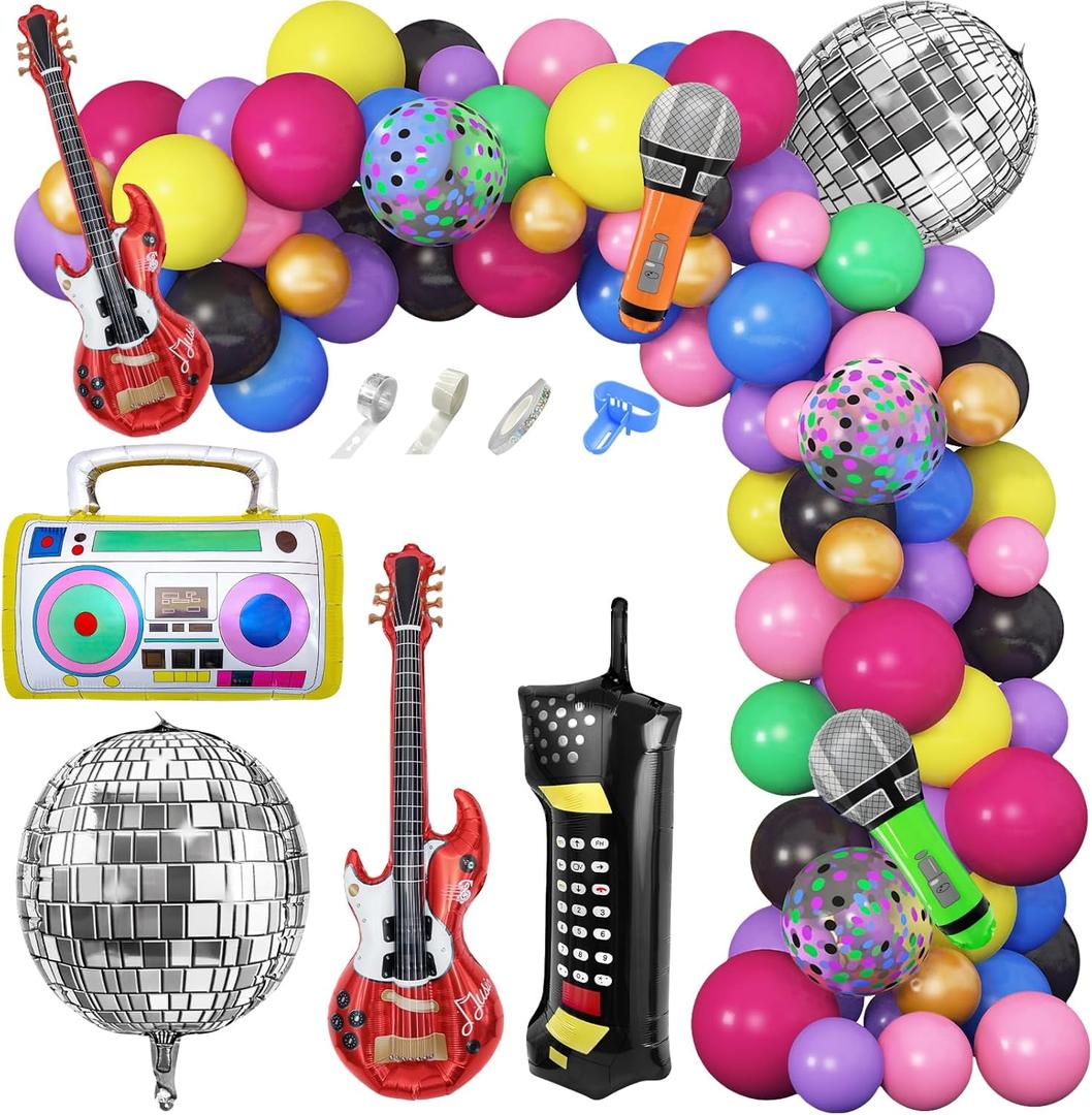 Amandir 80s 90s Theme Party Decorations, 90Pcs Balloon Garland Kit 6PCS Disco Ball Radio Boom Box Retro Mobile Phone Guitar Microphone Foil Balloons for Back to 80s 90s Hip Hop Birthday Supplies Amandir 80s 90s Theme Party Decorations, 90Pcs Balloon Garland Kit 6PCS Disco Ball Radio Boom Box Retro Mobile Phone Guitar Microphone Foil Balloons for Back to 80s 90s Hip Hop Birthday Supplies
