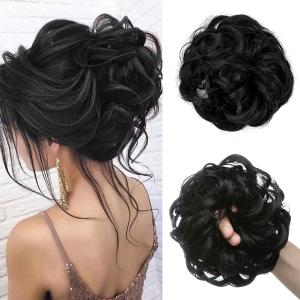 CJL HAIR Large Messy Bun Hair Piece Wavy Curly Scrunchies Synthetic Chignon Ponytail Hair Extensions Thick Updo Hairpieces for Women Jet Black