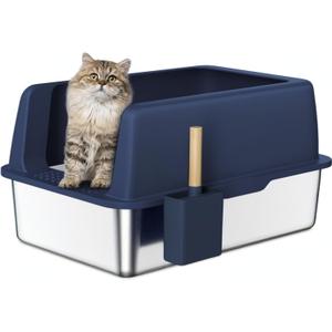 Stainless Steel X-Large Blue Semi-Enclosed Litter Box kit for Multiple Cats, Matching Scooper and Holder Included, High-Sided, Easy to Clean