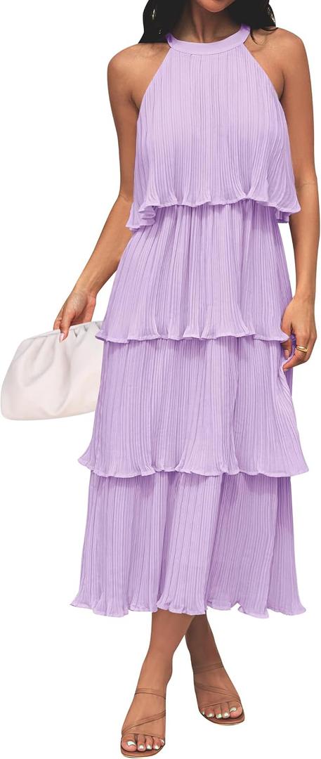 ZESICA Women's 2026 Summer Sleeveless Halter Neck Ruffle Tiered Layed Chiffon Flowy Swing Long Midi Dress (Purple, M)