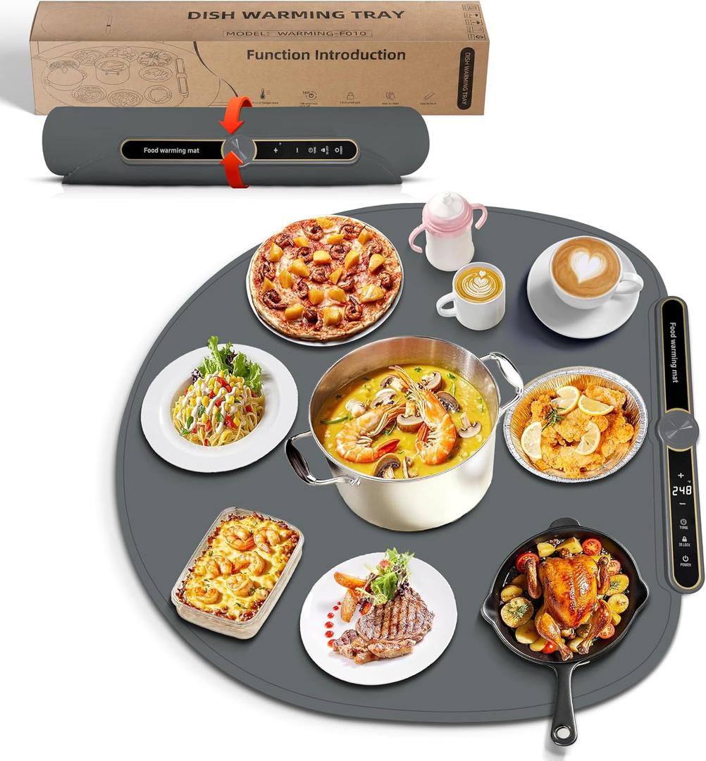 Round Food Warming Mat XXL 27.5''x27.5'' (Gray) - Electric Food Warming Tray with 9 Temp Levels - Silicone Food Warmers for Parties Buffet with Timer, Child Lock & Fast Heating