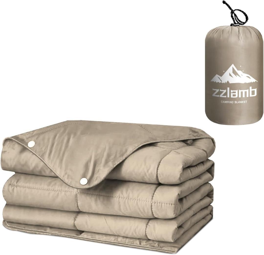 zzlamb Camping Blanket, Compact Lightweight Soft Puffy Blanket Water-Repellent, Packable Warm Quilt Down Alternative Picnic Hiking Backpacking Beach Travel RV Airplane Couch Car (For Kids, Khaki)