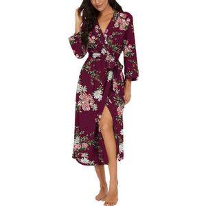 VINTATRE Women Kimono Robes Long Knit Bathrobe Lightweight Soft Knit Sleepwear V-neck Casual Ladies Loungewear (Medium, Red)
