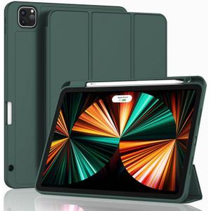 ZryXal New iPad Pro 12.9 Inch Case 2022/2021/2020(6th/5th/4th Gen) with Pencil Holder,Smart Case [Support Touch ID and Auto Wake/Sleep] with Auto 2nd Gen Pencil Charging (Midnight Green)