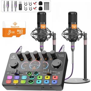 Podcast Equipment Bundle for 2, Audio Mixer with 8GB Memory Card and Dynamic Mics,RGB,Built-in Recorder, Customize Button, Stereo for Vocal Recording Podcasting,Streaming Camera, PC, Phone.(RS2i2)