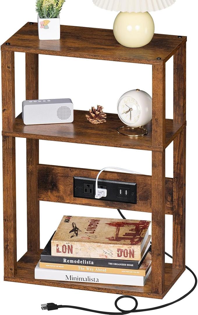3-Tier Small Narrow Wood Side Table with Charging Station, Skinny Nightstand for Small Space, Slim Bedside Table with Storage for Couch, Thin End Table with USB Ports and Outlets, Rustic Brown (Pack of 1)