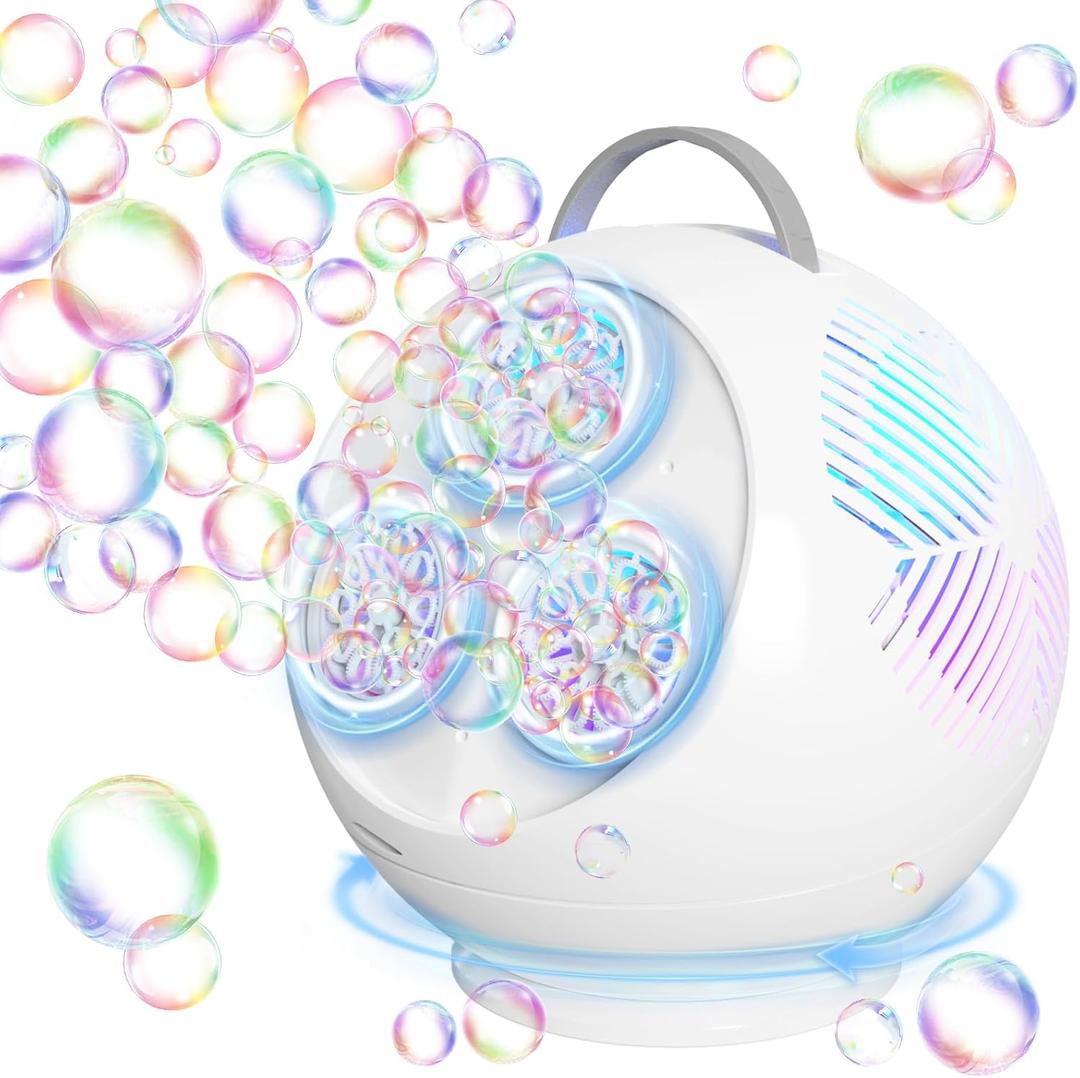 Bubble Machine Automatic Bubble Blower for Kids Toddlers LED Bubble Maker Electric Auto Rotating 45/360 Outdoor Toy for Easter and Birthday Gift Party Wedding (Spherical White)