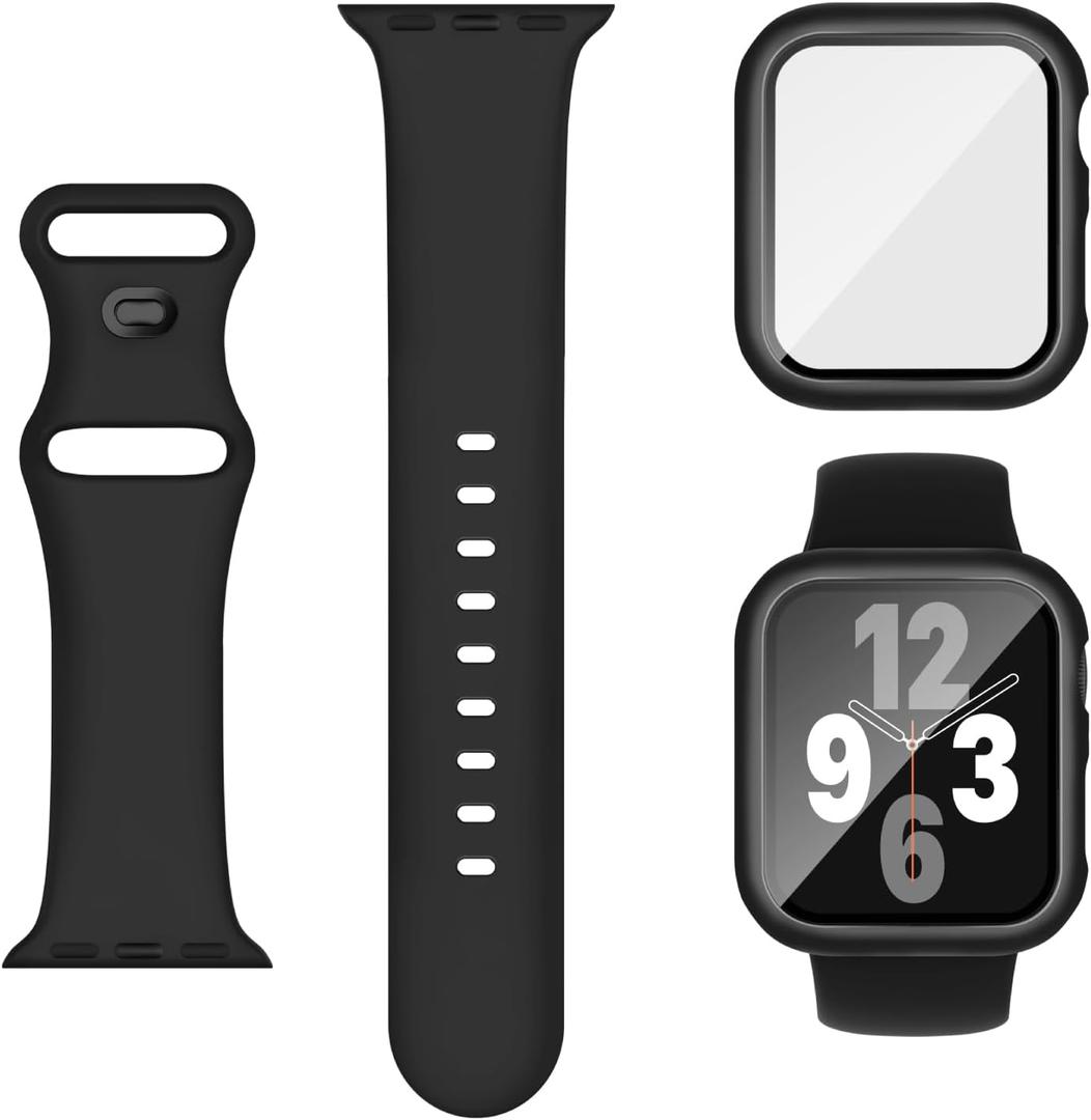 3-in-1 Compatible for Apple Watch Band 40mm 41mm 42mm 44mm 45mm 46mm, Soft Silicone Sport Strap for iWatch Series SE 10 9 8 7 6 5 4 3 (Black)
