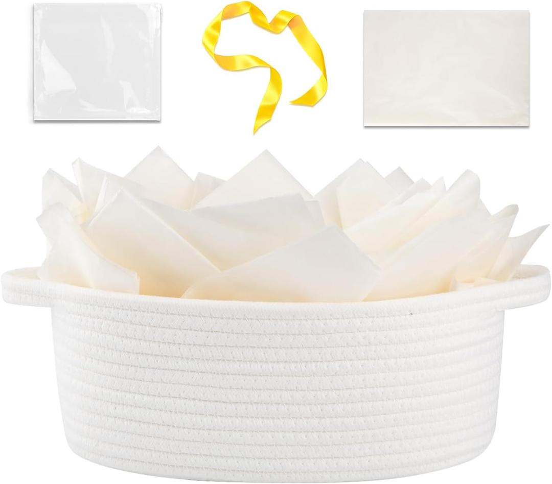 OIAHOMY Gift Basket with Handle, Small Woven Basket with Gift Bag, Ribbon and Wrap Tissue Paper, Nursery Bins Empty to Fill with Small Items, Baby, Pet Toy Organizer - White (12"x 8"x 5")