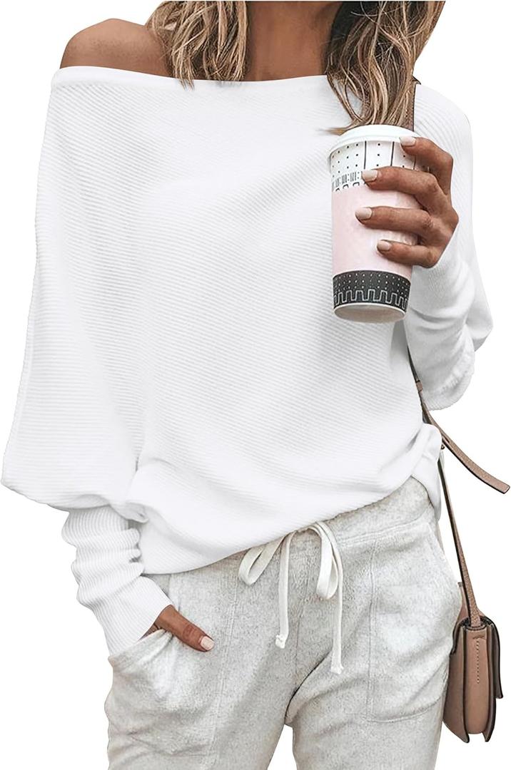 Zenlonr Women's Fall Sweaters 2025 Casual Long Batwing Sleeve Loose Off Shoulder Knit Pullovers Jumper Tops (X-Large, White)