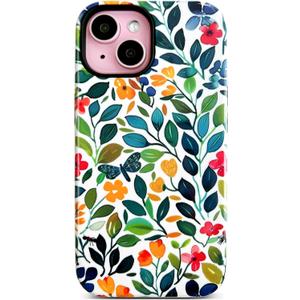 Qokey for iPhone 15 Case(6.1"), 2 Layer Hybrid Flowers Heavy Duty Hard Blossoms Shell + Soft Silicone Protective Shockproof Durable Scratch-Resistant Cover,Green Leaves