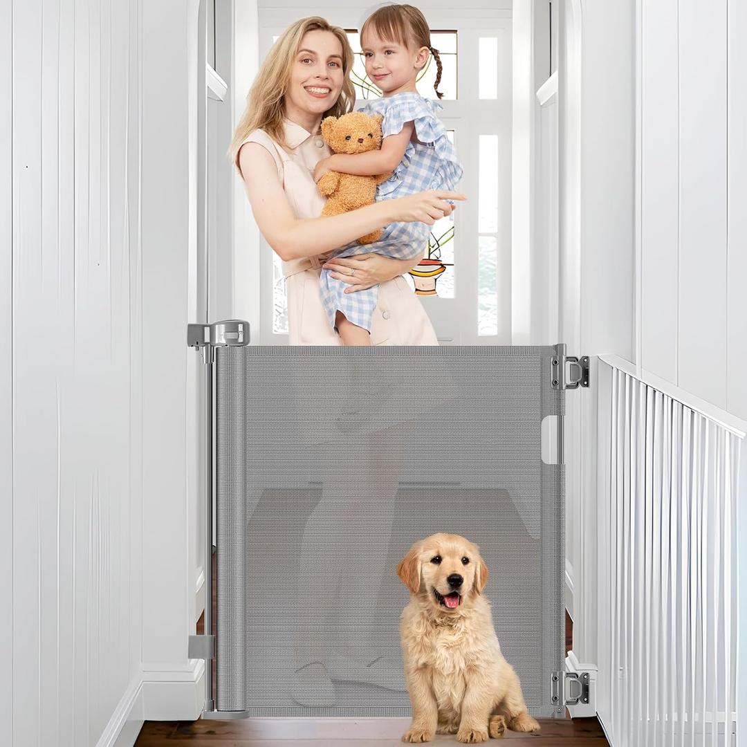 Retractable Baby Gates 0"-39" Wide Narrow Dog Gates for Doorways, 33" Tall Retractable Gate for Stairs Narrow Pet Gate for Dogs Mesh Gates for Kids or Pets Toddler Gate for The House, Gray