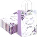 FYSUIMU 24pcs Purple Floral Thank You Paper Gift Bags Spring Flower Butterfly Party Favor Bags with Handle Treat Goodie Candy Bag for Wedding Bridal Shower Birthday Baby Shower, 5.9 x 8.3 x 3.1 Inch