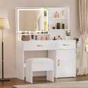 YITAHOME Vanity Desk with LED Lighted Mirror, Makeup Vanity Set with Power Strip, Drawers, Cabinet, Shelves, and Stool, Stylish White Vanity for Dressing Room (Large)