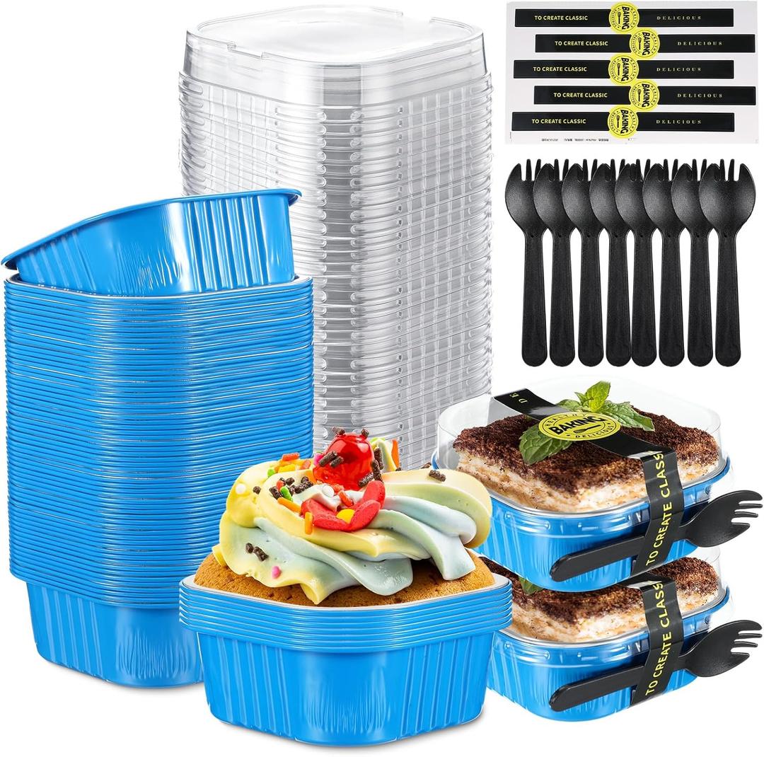 Sliner 100 Pcs 10 oz Mini Cake Pans with Lids Aluminum Foil Disposable Baking Loaf Tins, Spoon, Stickers, Square Cupcake Container for Muffin Ramekins Brownie Wedding Birthday Party(Blue)