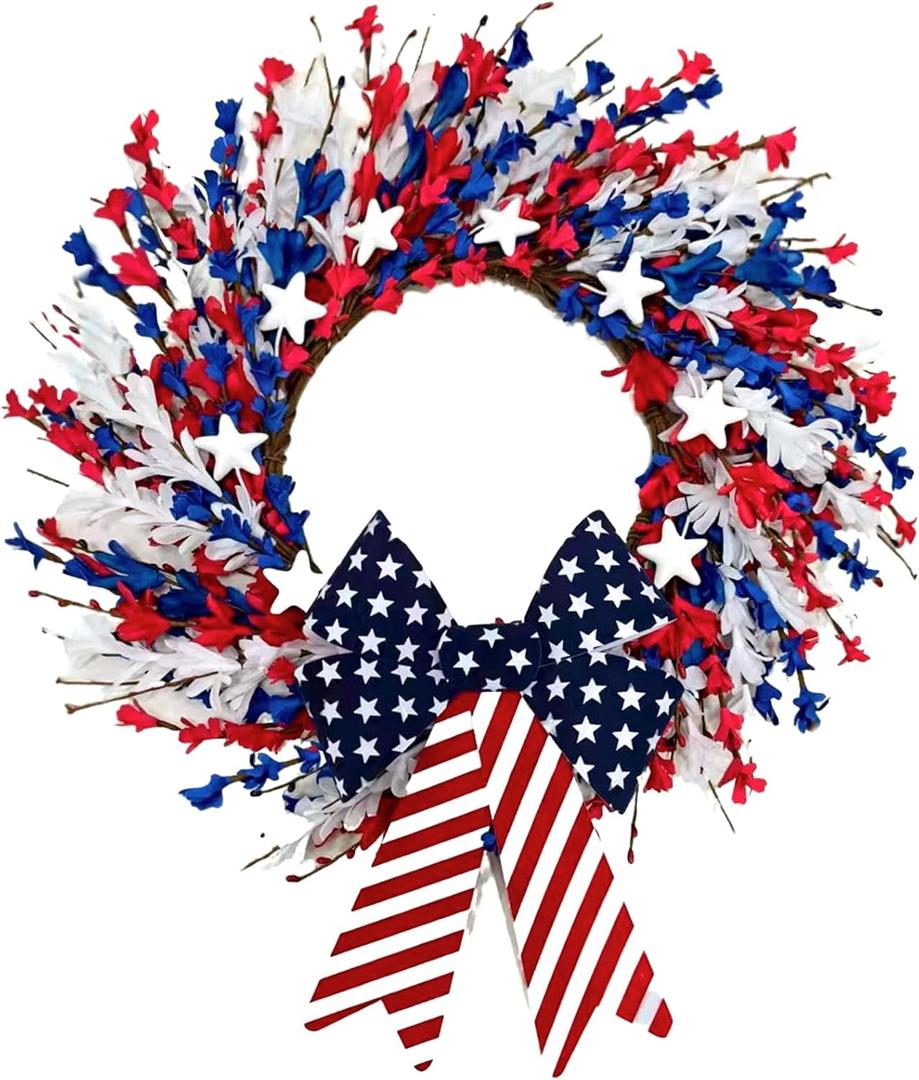 20 Inch Patriotic Wreaths for Front Door, 4th of July Wreath with Stars & Stripes Bow, Red White Blue Floral Wreath for Porch, Wall, Window, Indoor Outdoor Home Decor