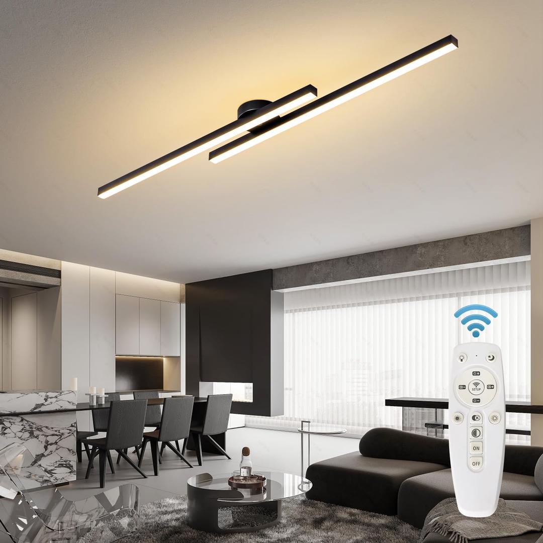 Flush Mount Ceiling Light Fixture 43.3" Modern Black Sputnik Dimmable LED Lamp with Remote Control Ideal for Bedroom Living Room Kitchen Island(2 Lights)